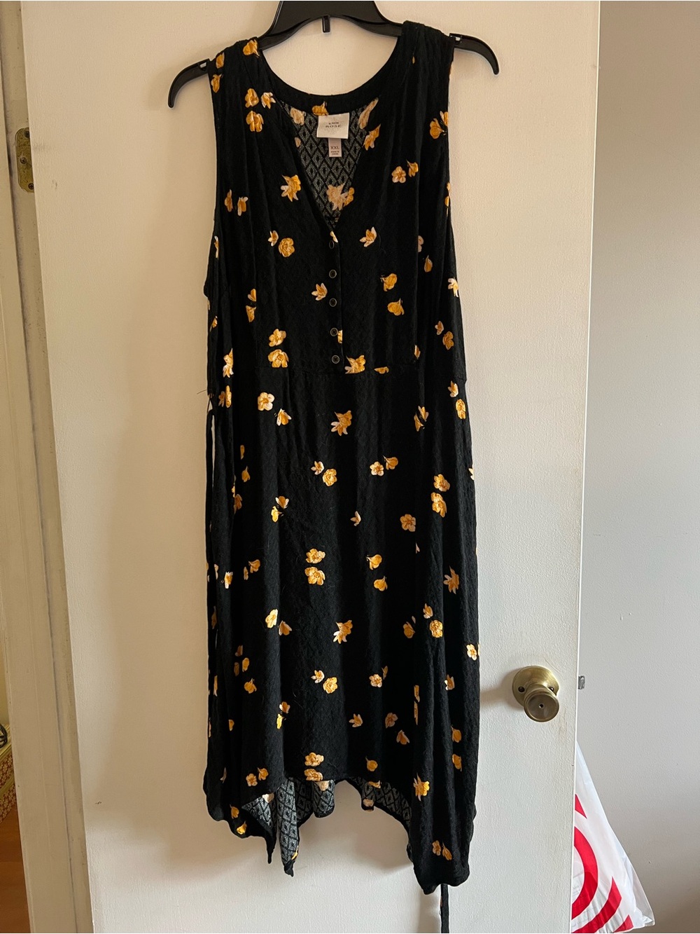 Knox Rose Black Asymmetrical Midi Dress with Yellow Floral Print